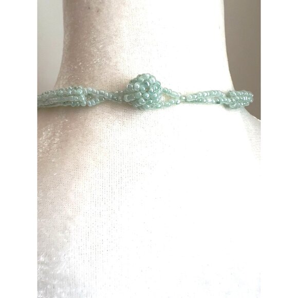 Handcrafted Mint Green Glass Beaded Bib Necklace With Multi-Strand Layered Desig - Picture 5 of 6